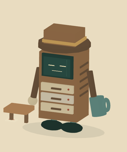 Bert, a retired computer-tower puppet with a brown hat, drive drawers and a little watering can.