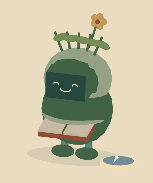 Moss, a round green garden puppet with growing leaves, a flower and an open book.
